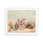 Vintage wall art featuring a camel with a rider, festival scene with colorful figures, and desert architecture in soft beige and blues. hung on the wall