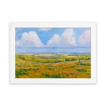 Infidu vintage wall art featuring a serene pastoral landscape with rolling hills, open fields, and soft clouds in the sky. hung on the wall on a white background
