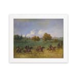 Vintage wall art featuring horse riders in open fields with soft, natural colors, including green grass, blue skies, and brown horses. hung on the wall