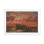 Vintage wall art of a wooden ship at sunset with fiery red, orange, and pink sky, calm sea, and small human figures near the shore. hung on the wall