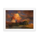 Vintage wall art of glowing red desert rocks with a vivid sunset sky and rugged terrain by Infidu. hung on the wall
