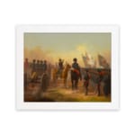 Vintage military wall art featuring soldiers, a cannon, and a dramatic battlefield with earthy tones and a golden sky. hung on the wall