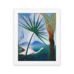 Vintage wall art with a white bird, tropical trees, and mountain background in soft blue, green, and brown tones. hung on the wall