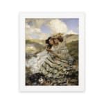 Vintage wall art showing two women in flowing dresses sitting on a grassy hillside with a dog, under a blue sky with white clouds. hung on the wall