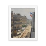 Vintage wall art of a Paris street scene with French flags, horse-drawn carriages, pedestrians, and elegant buildings in soft muted colors. hung on the wall