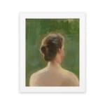 Vintage wall art showing the back view of a woman with tied hair, set against a rich green background with soft, blended brushstrokes. hung on the wall