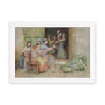 Vintage wall art of women sitting outside a house, talking, with warm tones and traditional details in the background. hung on the wall