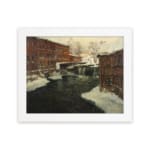 Vintage winter river scene with brick buildings and snowy rooftops by Infidu. hung on the wall