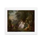 Vintage 1700s gathering wall art with elegantly dressed people in an outdoor setting surrounded by trees. hung on the wall