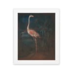 Vintage wall art of a pink flamingo standing in a dark, natural setting with elegant contrast and tropical plants in the background. hung on the wall