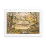 Vintage wall art of a peaceful countryside with a stream, tall trees, and a wooden house in soft earthy tones. hung on the wall