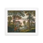 Vintage forest wall art with tall trees, red flowers, and a serene river scene. hung on the wall