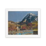 Vintage village at the base of snowy peaks with colorful houses, hills, and a serene river or pond. hung on the wall