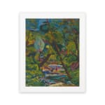 Vintage wall art of a vibrant forest with a colorful flowing stream and expressive brushstrokes. hung on the wall