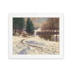 Vintage wall art of a snow-covered pathway with pine trees and a calm winter landscape, framed in white. hung on the wall