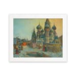 Vintage snowy cityscape with Russian domes, soft blue and yellow tones, cozy winter scene by Infidu. hung on the wall
