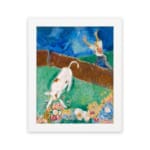 Vintage wall art of a white cow with brown spots in a colorful storybook-style field with flowers, a person, and a blue sky. hung on the wall