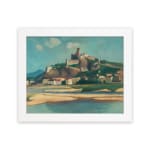Vintage wall art of a hilltop fort and village with scenic river, soft colors, and calm sky. hung on the wall