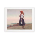 Vintage wall art of a woman on a grassy cliff overlooking the sea, wearing a red headscarf and holding a jug, in soft earthy tones. hung on the wall