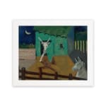 Vintage folk-art wall art with abstract animals, a green-roofed barn, and a crescent moon in a dark blue sky. hung on the wall