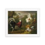 Vintage wall art of roosters and hens in a peaceful farmyard setting with natural earthy tones. hung on the wall