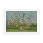 Vintage wall art of a spring meadow with a blossoming tree in soft pink, green, and blue tones by Infidu. hung on the wall