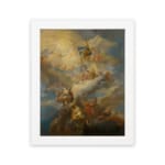 Vintage wall art depicting heavenly angels in soft tones of golden yellow, white, and light blue amidst swirling clouds. hung on the wall