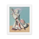 Vintage abstract wall art of a stylized cello player in soft pastel tones with geometric shapes and minimal background. hung on the wall