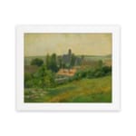 Infidu Vintage Countryside Landscape Wall Art featuring a charming village scene with green fields, trees, and a warm yellow sky. hung on the wall