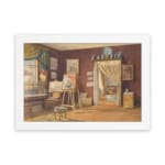 Vintage wall art of a cozy artist studio with maroon walls, easel, chairs, and natural light. hung on the wall