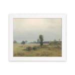 Infidu vintage wall art of a quiet countryside with soft green fields, trees, and a cloudy sky in muted tones. hung on the wall