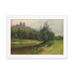 Vintage countryside wall art with hills, stream, and trees in soft green and blue tones by Infidu. hung on the wall