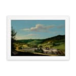 Vintage countryside wall art with hills, houses, and blue sky. hung on the wall