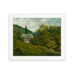 Vintage countryside wall art with green hills, trees, and a gray-roofed house in a calm rural setting. hung on the wall