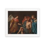 Vintage religious wall art with an angel and three figures in muted robes on a dark background. hung on the wall
