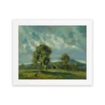 Vintage wall art of peaceful hills and soft clouds in natural green and blue tones. hung on the wall