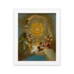 Vintage wall art of angels surrounding a glowing golden sacred symbol with soft clouds and light in the background. hung on the wall