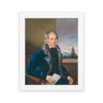 Vintage portrait wall art of an older man in a fur-trimmed coat holding a paper, with a window view and soft sky in the background. hung on the wall