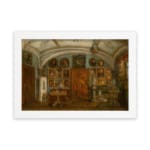 Vintage wall art of an ornate historic interior with chandeliers, framed portraits, and richly detailed furniture in warm earthy tones. hung on the wall