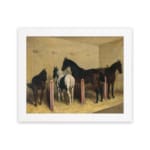 Vintage stable wall art with calm horses standing on hay in soft natural tones. hung on the wall