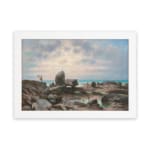 Vintage wall art of a rocky coast with calm blue water and a soft pastel sky in pink, cream, and blue tones. hung on the wall