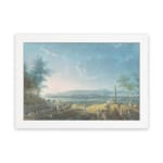 Vintage lakeside scene with people, hills, and a calm sky in soft tones. hung on the wall