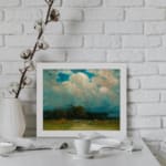 Vintage cloudscape wall art with soft pink, gray, and white clouds over a calm green landscape. displayed on the wall