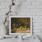 Infidu classic still life vintage wall art with peaches, jug, and candle on a wooden table, perfect for warm, rustic dining room decor. displayed on the wall