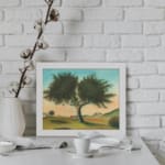 Vintage wall art of a lone tree in a peaceful landscape with soft green hills, distant hills, and a gentle blue and peach sky. displayed on the wall