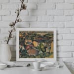 Cubist cityscape vintage wall art in warm earthy tones with abstract rooftops and buildings by Infidu. displayed on the wall