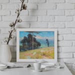 Vintage mountain landscape wall art with trees, flowers, and pastel colors creates a serene, calming atmosphere. displayed on the wall