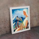 Vintage art of a woman with a flower and clay pot, set against a peaceful sky and mountains. displayed on the wall