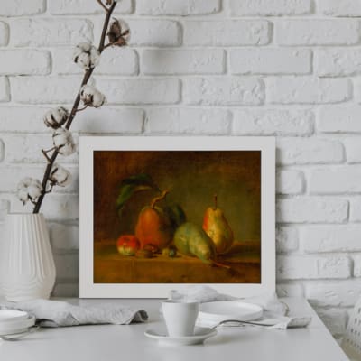 Infidu Vintage Wall Art with a classic still-life fruit arrangement featuring pears and peaches, perfect for vintage wall decor. displayed on the wall in a black frame