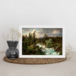 Vintage river flowing through a dense forest, with green trees and soft blue sky, framed in white. displayed on the wall